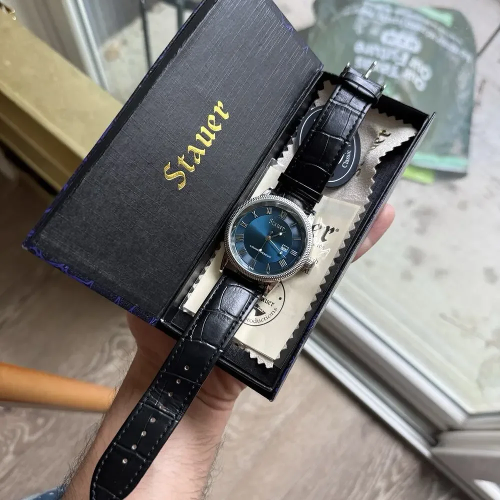 Stauer Men’s Watch 44mm Urban Blue Dial Black Leather Band 28997 New in Box